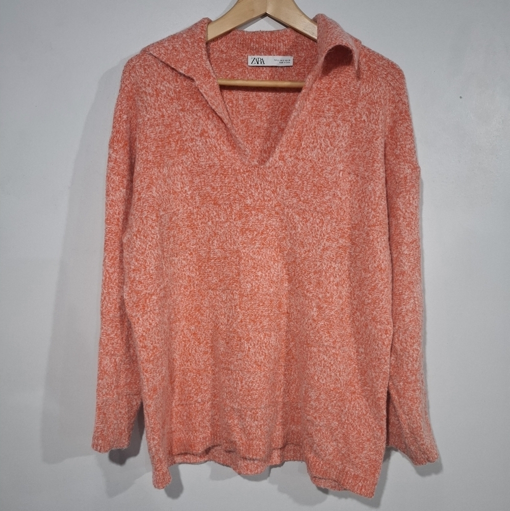 Zara Womens Pullover Outdoor Collared Knit Sweaters Sz Small Oversized Checkered - Picture 2 of 11